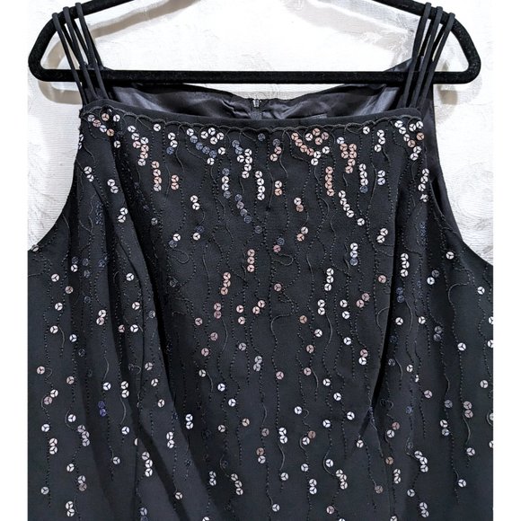 Sequin Embroidered Vintage 90s Square Neck Little Black Dress 24 Party Prom Glam - Picture 2 of 7